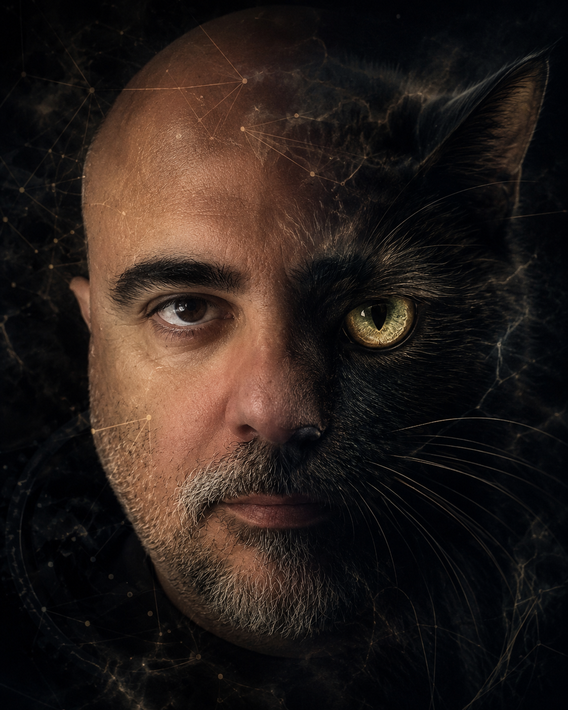 Volto di Marco Benini affiancato al muso di un gatto