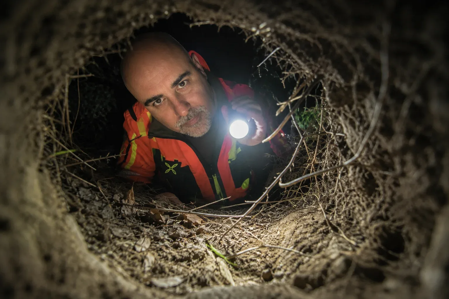 Marco Benini ispeziona un possibile nascondiglio durante la ricerca di un gatto smarrito
